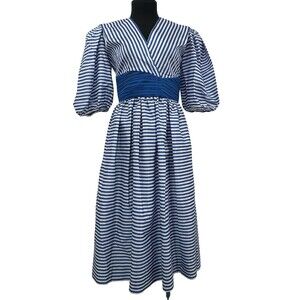 Vintage Kappi Blue White Striped V-neck Dress Puff Sleeves Size 6 Union USA 70’s